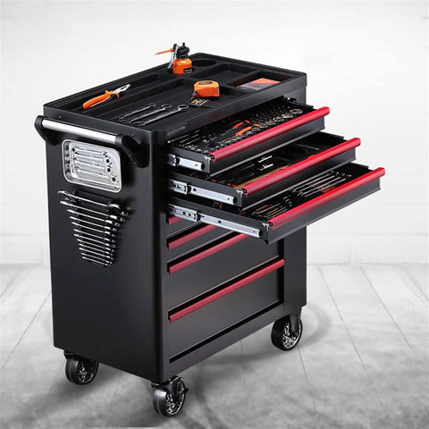 Beefy Heavy Duty Steel Tool Box With 7 Lockable Drawers, Rolling Tool Cabinet for workshop, side view with open drawers