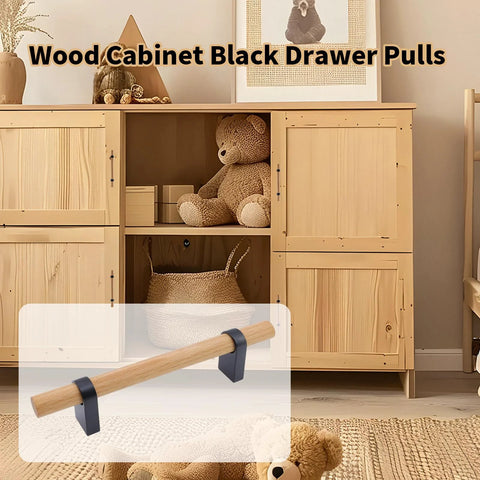 Black Wooden Drawer Pulls With Aluminum Base 7.09 Inch Length on wooden cabinet in cozy room setting