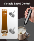 Barista Grade Variable Speed Milk Frother With Battery Operated Handheld Wand And Stand in use and RPM comparison.