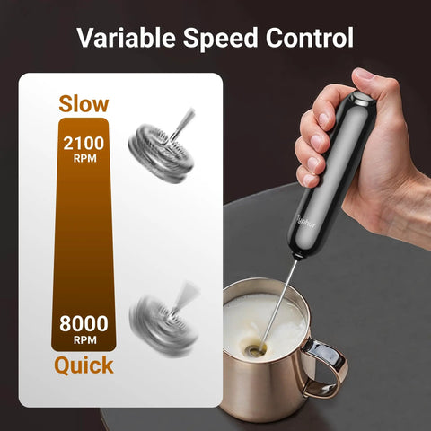 Barista Grade Variable Speed Milk Frother With Battery Operated Handheld Wand And Stand in use and RPM comparison.