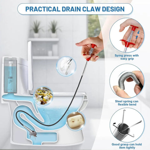76 Inch Drain Snake With Flexible Grabber Claw For Sinks, Showers And Tubs, Handy Hair Removal Tool For Tight Spaces, Fast Clog Busting And Deep Clean In Narrow Pipes