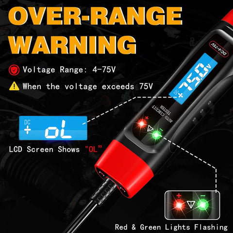 4 To 75V LCD Automotive Test Light With Built In Voltage Meter And Buzzer Electric Probe Pen For Car Battery Polarity Continuity And Fuse Checks Wide Range Auto Circuit Tester For Vehicle Electrical Systems, black red handle, LCD display