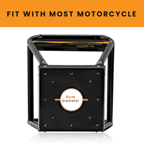 Front view of Heavy Duty Motorcycle Stand for Dirt Bikes and Off Road MX Rides Built Tough Universal Fit Powder Coated Steel Non Slip Maintenance Stand for Dirt Bike Servicing and Repairs Black Finish.