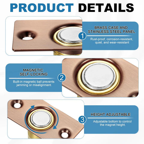 Copper Magnetic Door Ball Catch Set, 8 Pack details with brass case, stainless steel panel, magnetic self-locking, and height adjustable features