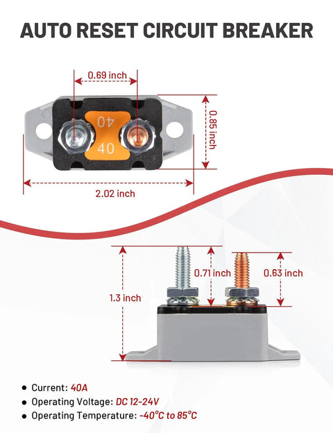 Beefy 40 Amp Automatic Reset Circuit Breaker For Automotive Truck Camper RV With Nylon Insulation And Anti Rust Stud Terminals