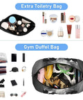 Open view of waterproof sports gym bag with dry wet compartment and shoe storage, gray cat design, items displayed