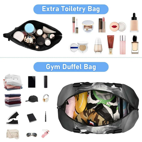 Open view of waterproof sports gym bag with dry wet compartment and shoe storage, gray cat design, items displayed