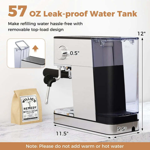 Side view of 20 Bar Espresso Machine With Milk Frother Compact Stainless Steel Coffee Maker 57 Ounce Removable Water Tank