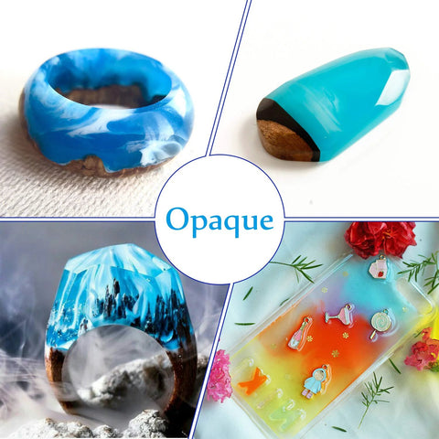 Epoxy resin pigment set with opaque blue tones; four sample pieces for resin art and jewelry making.