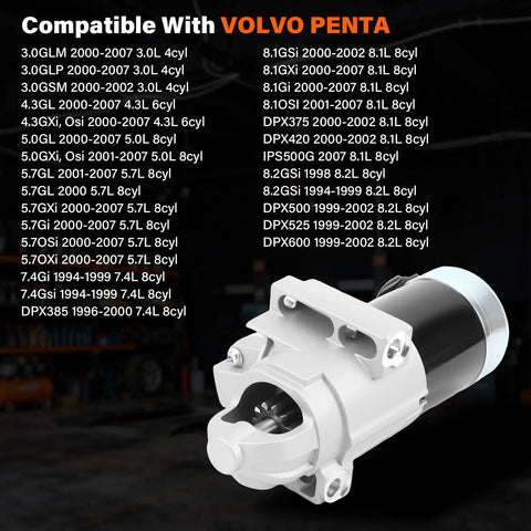 Image of New PMGR Starter Motor SAEJ1171 Replacement showing compatibility with Volvo Penta engine models.