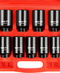 Half Inch Drive Deep Impact Socket Set, 9 Piece Metric 29mm to 38mm 6 Point Axle Nut Sockets in red case