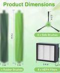 Product dimensions of Beefed Up Replacement Parts Kit for E I and J Series Robot Vacuums showing brushes and HEPA filter sizes.