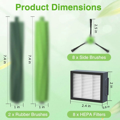Product dimensions of Beefed Up Replacement Parts Kit for E I and J Series Robot Vacuums showing brushes and HEPA filter sizes.