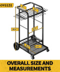 Heavy Duty 3 Tier Garden Tool Organizer With Large Wheels Yard Tower Rack For Garage Holds Up To 35 Long Handled Tools And 12 Hooks shown with measurements