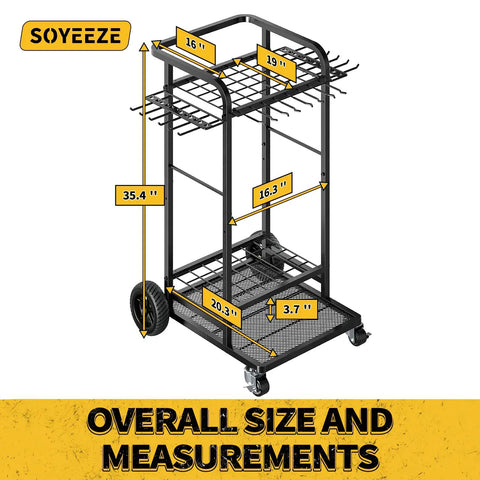 Heavy Duty 3 Tier Garden Tool Organizer With Large Wheels Yard Tower Rack For Garage Holds Up To 35 Long Handled Tools And 12 Hooks shown with measurements