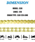 Gold 530 Chain Kit With 120 Links, Universal Fit For 50cc-212cc Motors, showing chain model and uses