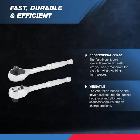 Beefy 1/2 Inch Ratchet Wrench With 72-Tooth Reversible Mechanism and Quick Release 1/2 Drive, shown in profile view.