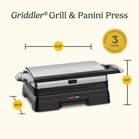 Cuisinart Griddler Indoor Grill And Panini Press With Removable Nonstick Plates, dimensions 12.8x10.9x6 inches.