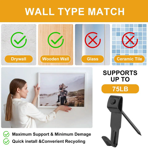 Top Notch 385 Piece Picture Hanging Kit For Walls With Heavy Duty Hooks visible on various wall types showing support tips.
