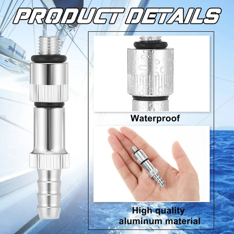 MorningRo Six Piece Lower Unit Gear Oil Pump Adapters for Outboard Motors, shown in aluminum material and waterproof design.