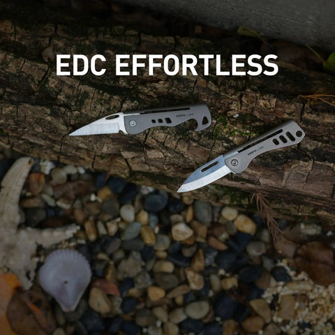 Two Titanium Mini Pocket Knife With Bottle Opener For EDC And Outdoor Gear on a log, showcasing blades and handles.