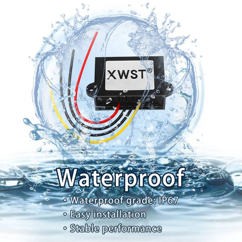 Beefy 20 To 90V DC To 12V Buck Converter, 5A 60W Output, waterproof IP67, surrounded by water, showing power wires