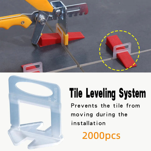 Close-up of tile leveling system with 1/16 inch spacers and clips, pliers adjusting tiles during curing, 2000 pieces.