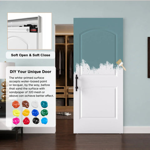 Ready To Paint White Primer Raised Two Panel Sliding Barn Door With Hella Smooth Soft Close Hardware Top Pick For Dropping Into Any Rustic Loft Or Urban Studio Upgrade, showing DIY paint option.