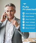 Man using phone with fully protected travel power strip features displayed
