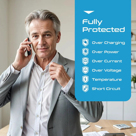 Man using phone with fully protected travel power strip features displayed