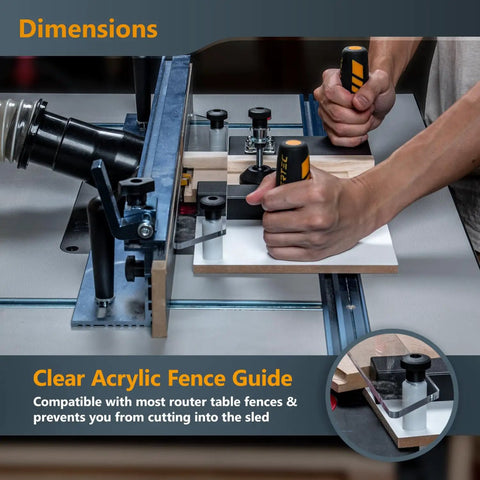 Deluxe Pro Grade Router Table Fence System With 24-Inch Rail And 3-3/8-Inch Tall Fence, coping sled in use for woodworking