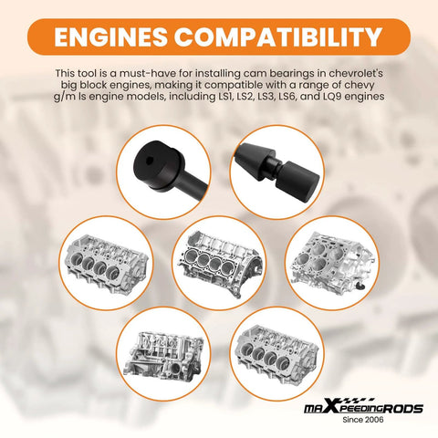 Image showing LS Cam Bearing Installation And Removal Tool for Chevy LS Engines LS1 LS2 LS3 LS6 LQ9 with engine compatibility graphics.