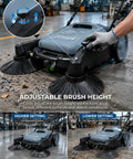 Manual Walk Behind Floor Sweeper With 41 Inch Sweeping Path And 55 Liter Bin No Cord Wrangling features adjustable brush height for various surfaces.