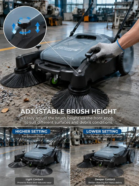 Manual Walk Behind Floor Sweeper With 41 Inch Sweeping Path And 55 Liter Bin No Cord Wrangling features adjustable brush height for various surfaces.