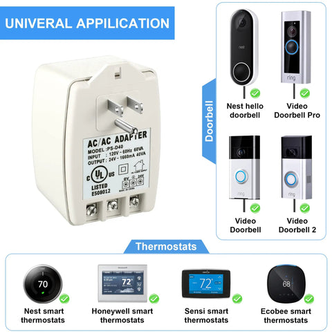 Two Pack 24 Volt Transformer 40 VA Plug In With PTC Fuse AC Transformer For Ring Doorbell And Thermostats Compatible With Nest Ecobee Sensi Honeywell 24V Adapter No Screw Holes No Hassle with usage examples for doorbells and thermostats.