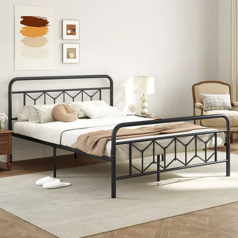 Heavy Duty Queen Metal Platform Bed Frame With Victorian Diamond Headboard And Footboard, Built Tough No Box Spring Needed, Super Sleek Under Bed Storage, Legit Room Upgrade, Matte Black in modern bedroom.