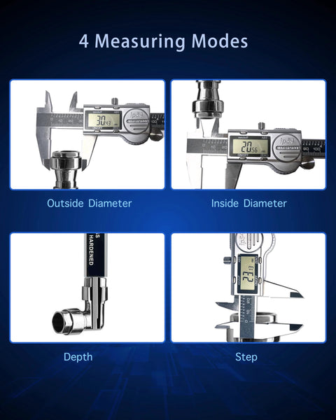 6-inch digital caliper with LCD display in stainless steel; measures outside/inside diameter, depth, and step.