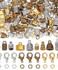 All-in-One Leather End Caps Kit for Jewelry Making, Kumihimo Bead Caps with Vintage Gold and Silver Tube Ends, Lobster Clasps