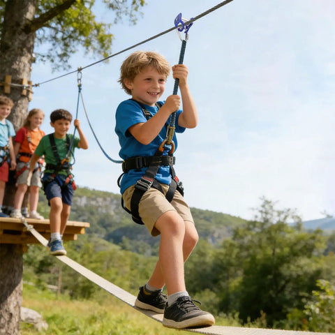 Children playing on a slackline with a Heavy Duty Trolley Kit With Slackline Pulleys For Backyard Fun, Outdoor Playground Gear For Kids 5 Plus.