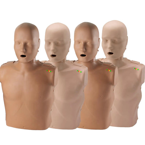 Adult CPR Training Manikins Four Pack Featuring Diversity Skin Tones, realistic compression sensors for training.