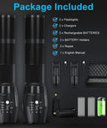 Package contents of Rechargeable LED Flashlight 12000 Lumens With Chargers And Batteries Included, Waterproof Handheld Torch 2 Pack