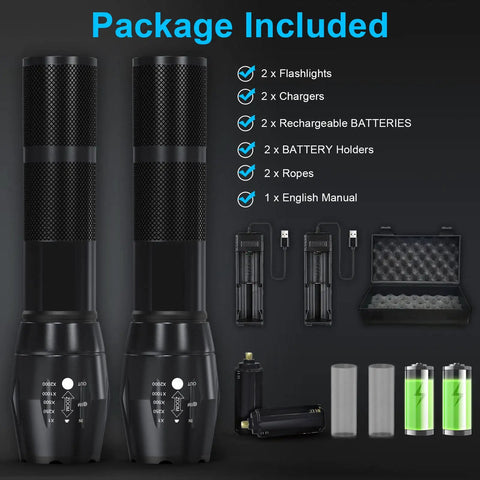 Package contents of Rechargeable LED Flashlight 12000 Lumens With Chargers And Batteries Included, Waterproof Handheld Torch 2 Pack