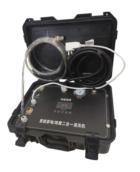 No Sweat Heavy Duty Steam Cleaner With Instant Vaporization For Squeaky Clean Floors And Appliances inside a durable case with hoses and controls.
