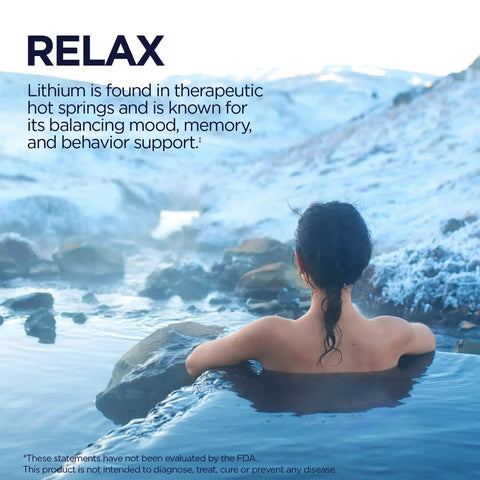 Person relaxing in hot springs with snowy landscape, text about lithium's mood and behavior support benefits.