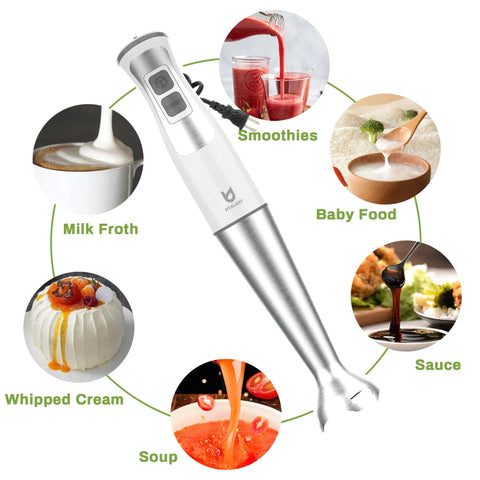 Immersion Hand Blender 3-in-1, 8-Speed Stick Blender With Milk Frother And Egg Whisk, shown with food uses around it