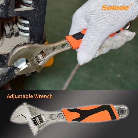 Adjustable wrench being used on a bolt, part of the 148-Piece Home Repair Tool Kit With Case For DIY Projects, Dorm Essentials, And Everyday Home Maintenance For Men, Women, And College Students, Durable Chrome-Plated Hand Tools Built To Last.