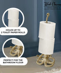 Gold Octopus Paper Towel Holder Made Of Metal Dope Yet Functional Toilet Paper Or Kitchen Paper Roll Stand For Floor Or Countertop Handcrafted 18.6 Inches Tall Decorative Yet Practical Accessory For Bathroom Or Kitchen holding two rolls.