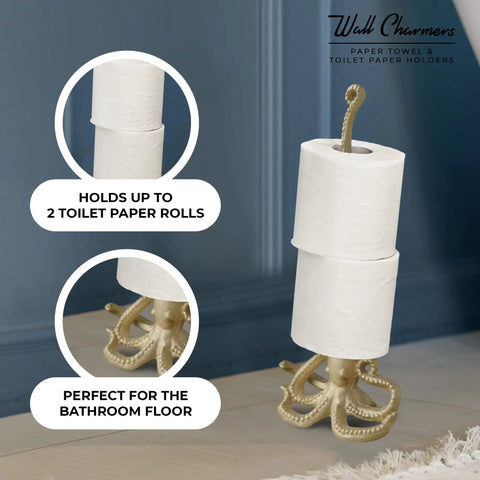 Gold Octopus Paper Towel Holder Made Of Metal Dope Yet Functional Toilet Paper Or Kitchen Paper Roll Stand For Floor Or Countertop Handcrafted 18.6 Inches Tall Decorative Yet Practical Accessory For Bathroom Or Kitchen holding two rolls.