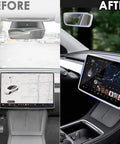 Tesla 2PCS Protector Trim Frame Kit For Model 3 And Model Y 2020 To 2026 Front Screen Edge Protector Rearview Mirror Cover Interior Silicone Decor Center Console Accent Dope HighEnd Interior Upgrade in a before-and-after installation view.