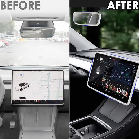 Tesla 2PCS Protector Trim Frame Kit For Model 3 And Model Y 2020 To 2026 Front Screen Edge Protector Rearview Mirror Cover Interior Silicone Decor Center Console Accent Dope HighEnd Interior Upgrade in a before-and-after installation view.